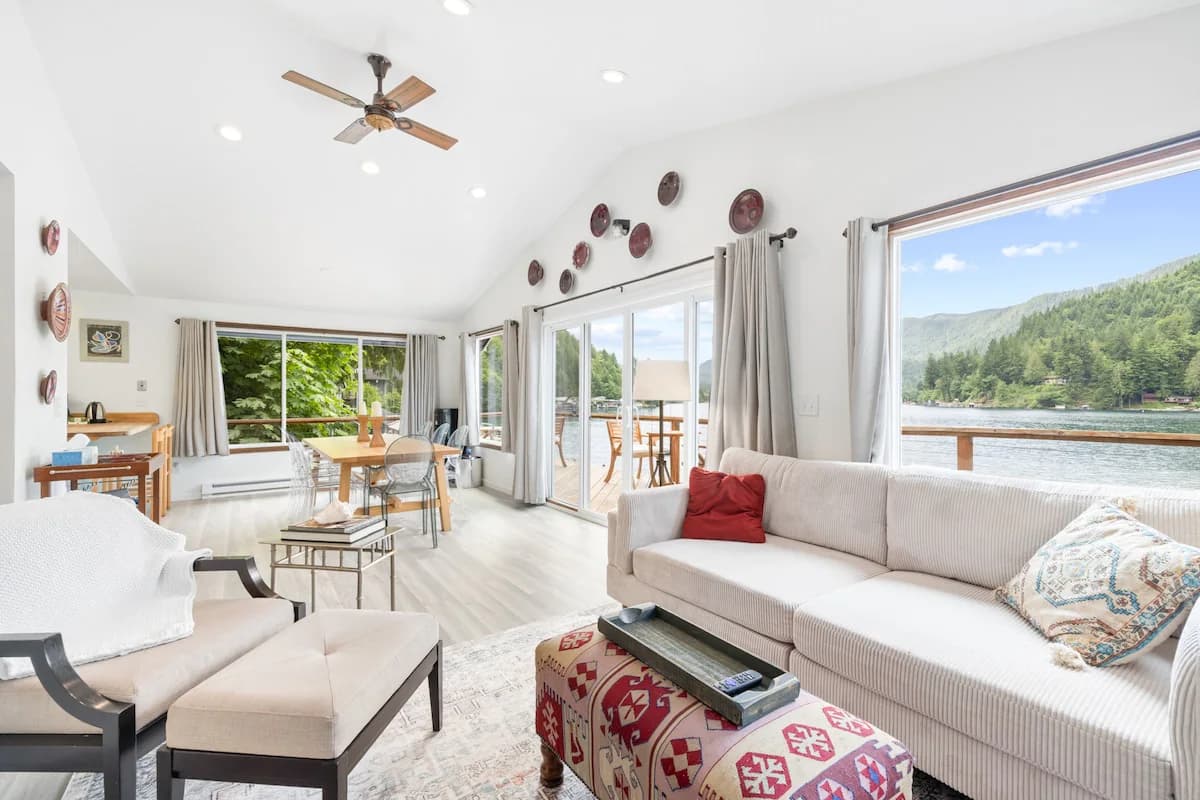 Living room and lake view inside the Lake Sutherland property