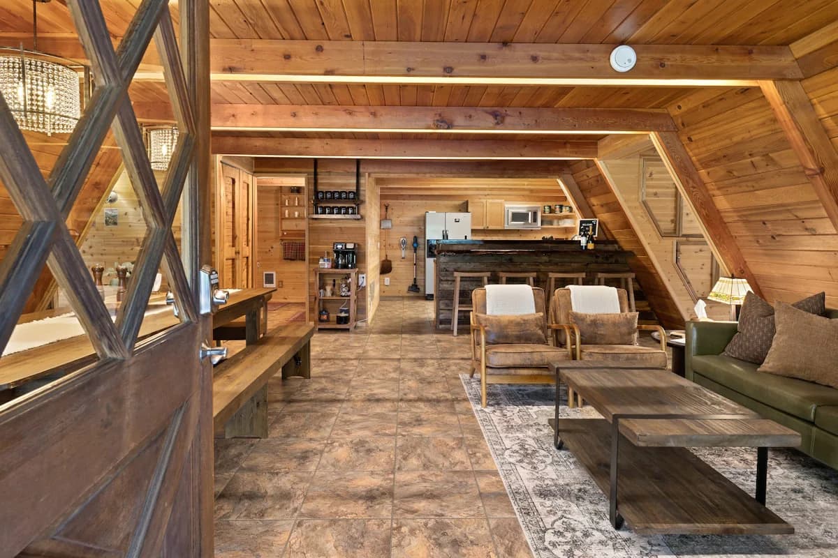 Wood-lined living space inside the Ronald short-term rental