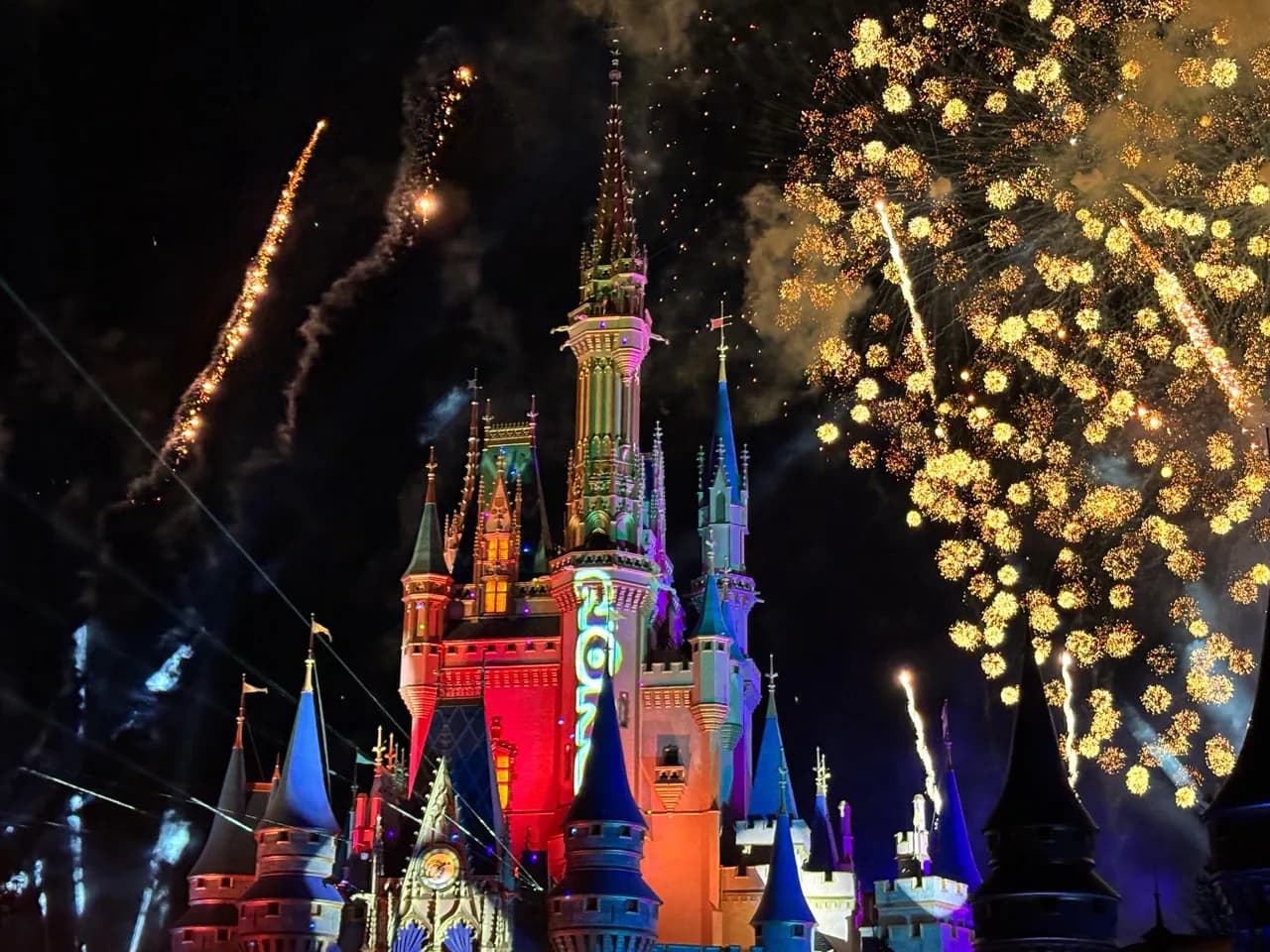 Fireworks above an illuminated castle during a destination trip.
