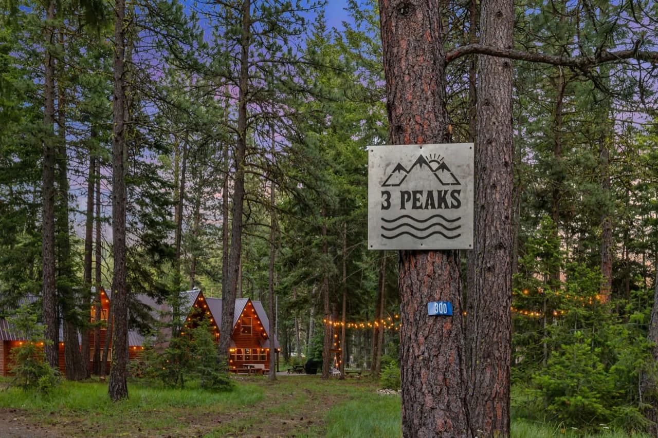 A-frame cabins lit beneath tall pines at a forest retreat.