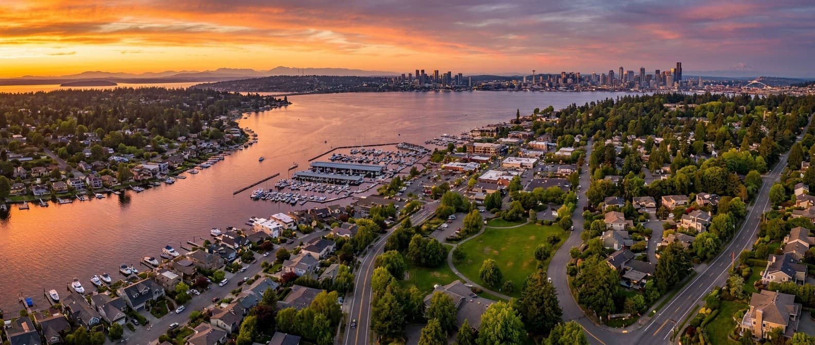 Aerial view of the Eastside at sunset with Lake Washington in the distance