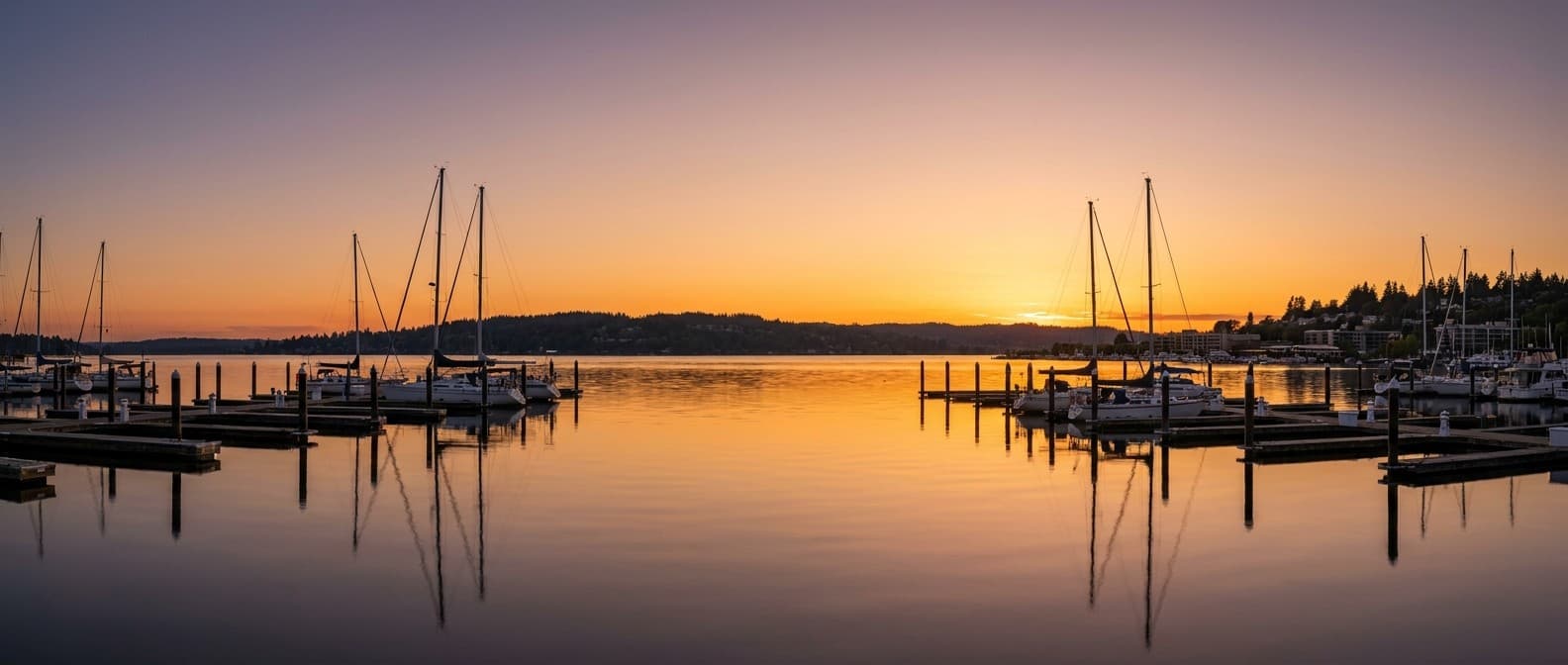 Kirkland marina at sunset with boats moored on Lake Washington