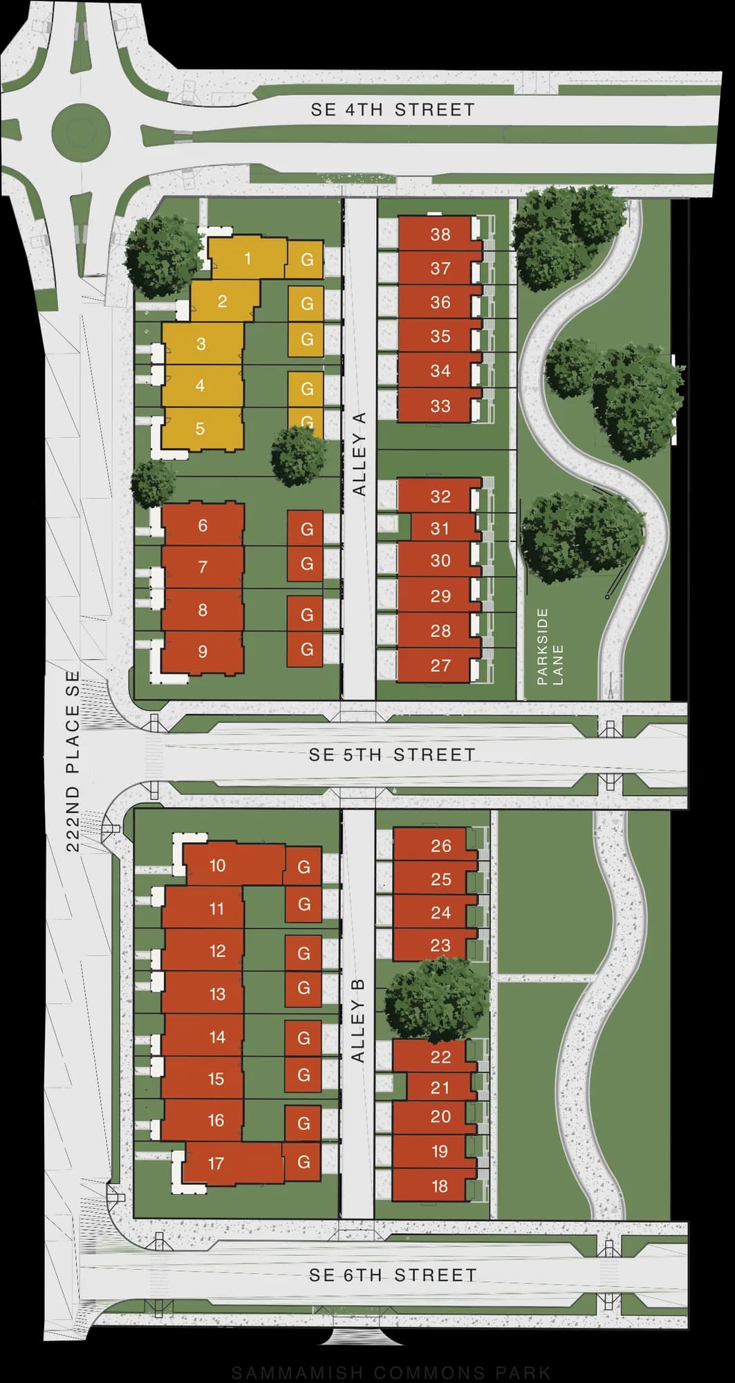 Parkside Sammamish plat map showing 38 numbered homesites between SE 4th Street, SE 5th Street, SE 6th Street, 222nd Place SE, and Sammamish Commons Park.