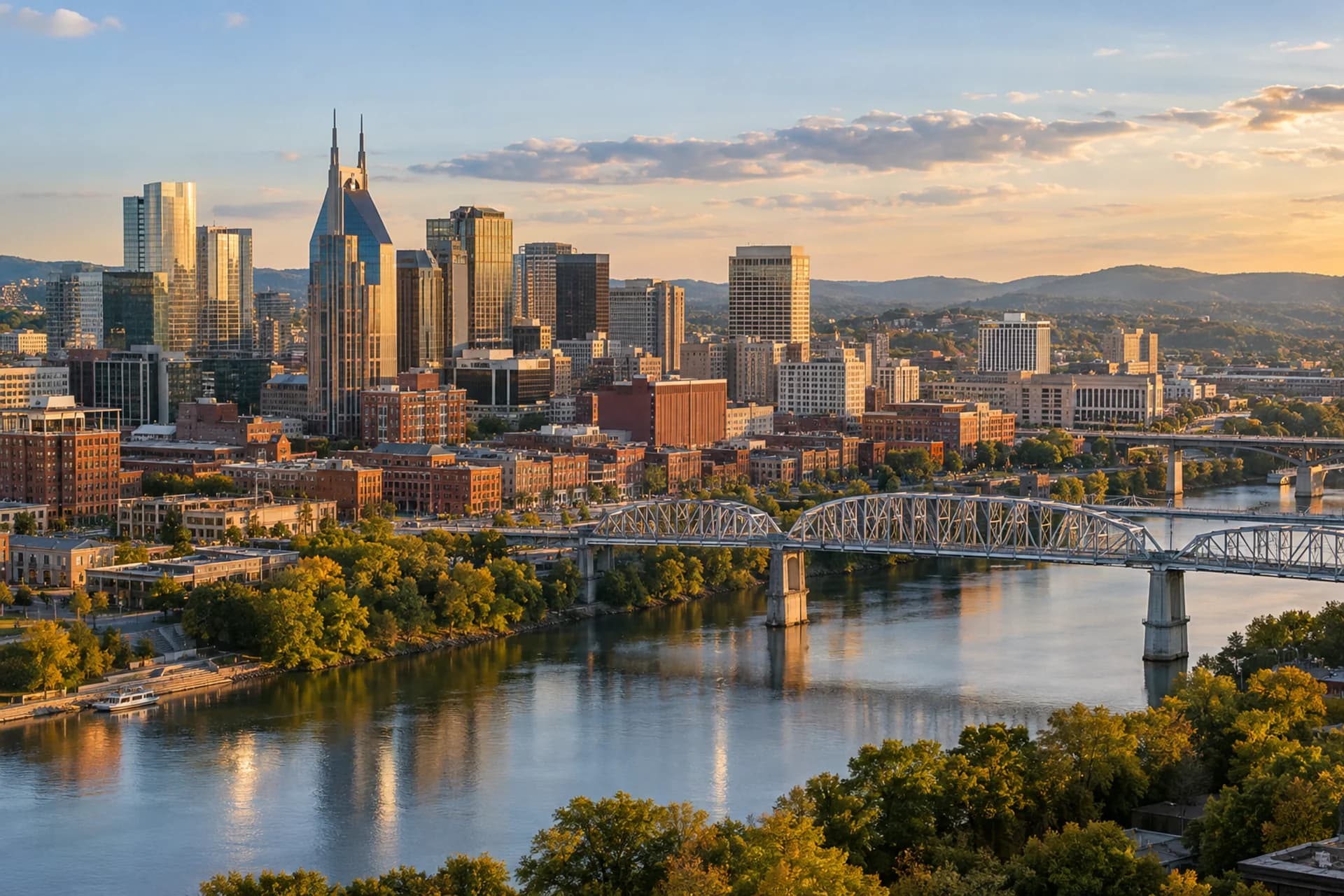 Nashville skyline, Cumberland River, and bridges in warm late-afternoon light.